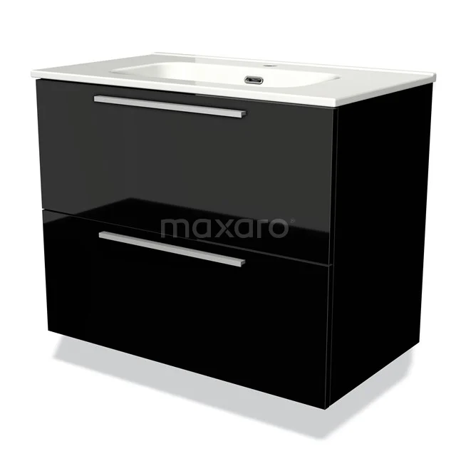 Zwart glanzend badmeubel met witte wastafel, strak design, twee lades met metalen grepen, perfect voor moderne badkamers.