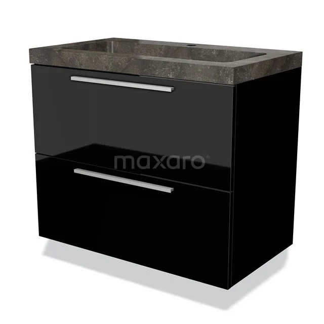 Zwart glanzend badkamermeubel met twee lades en een donkergrijs natuurstenen wasbakblad, modern en strak design.