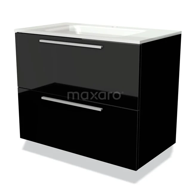 Schwarzes Badmöbel mit glänzender Oberfläche, zwei Schubladen und integriertem Waschbecken für einen modernen Badezimmerstil.