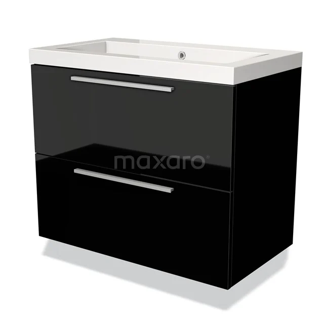 Zwart glanzend badkamermeubel met witte wastafel en chroomgrepen, modern design met twee ruime lades.
