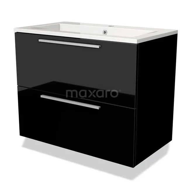 Zwart hoogglans badkamermeubel met twee lades, keramische wastafel en strakke chromen handgrepen, modern ontwerp.