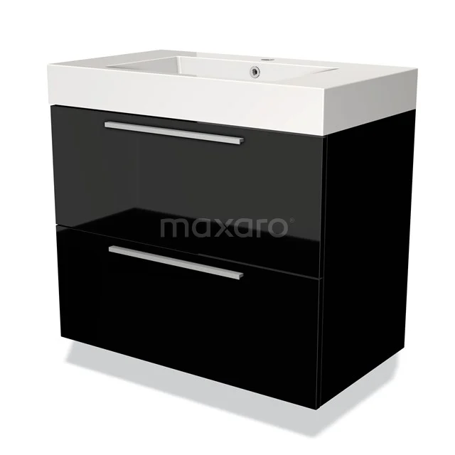 Zwarte badkamermeubel met hoogglans afwerking, dubbele lades en een witte wastafel; modern design met chroomhandgrepen.