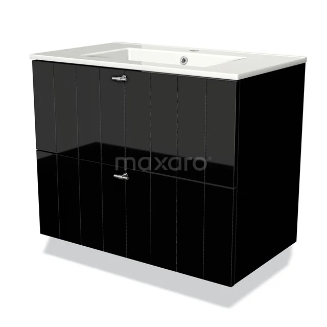 Modulo Vanity units with basin | 80 cm High-gloss black Slat front Ceramic 2 Stacked drawers BMW17-00316 Black bathroom unit with glossy finish, integrated vanity units with basin and two soft-close drawers, modern design.
