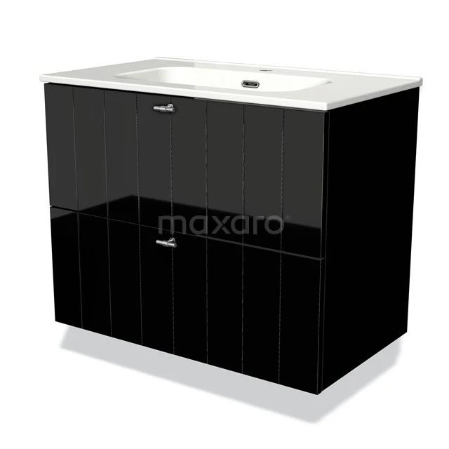 Black bathroom furniture set with glossy panels, two drawers and integrated basin. Modern design, suitable for any bathroom.