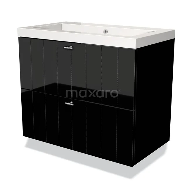 Schwarzer Badschrank mit Hochglanzoberfläche, weißer keramischer Waschtischplatte und zwei Schubladen, ideal für modernen Badezimmerstil.