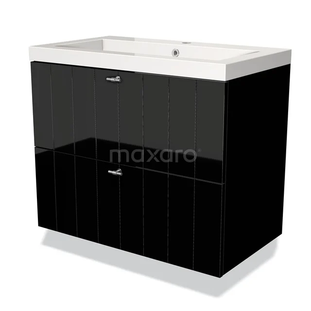 Modulo Waschtische | 80 cm Hochglanz Schwarz Lamelle front Mineralguss 2 übereinanderliegende Schubladen BMW17-00324 Schwarz glänzendes Badmöbel mit zwei Schubladen, weißem keramischen Waschbecken und verchromten Haltegriffen, modernes und elegantes Design.