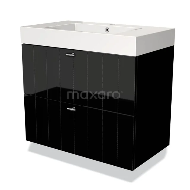 Black bathroom cabinet with glossy finish, including white ceramic basin and chrome handles.