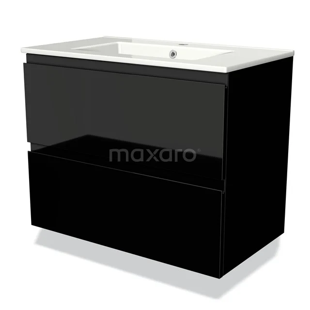 Badkamermeubel 80cm Modulo Hoogglans Zwart 2 lades Greeploos Wastafel Keramiek BMW17-00328