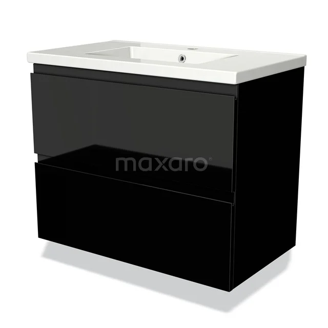 Black glossy bathroom unit with ceramic vanity units with basin, modern design and two wide drawers for optimal storage space.