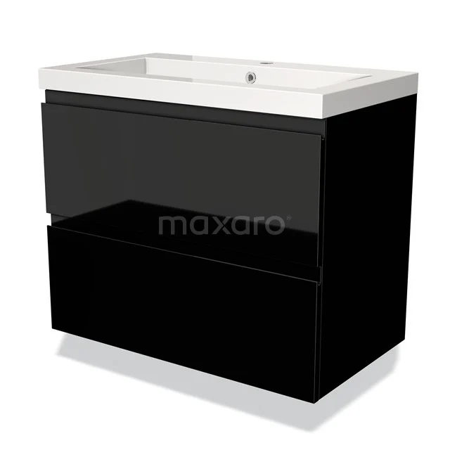 Zwart glanzend badkamermeubel met twee lades en witte keramische wastafel, strak modern ontwerp voor stijlvolle badkamers.