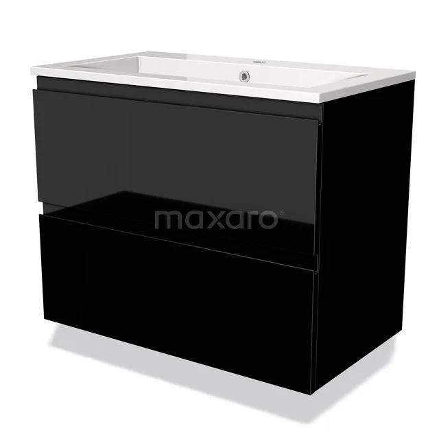 Zwarte badkamerkast met hoogglans afwerking, twee lades en geïntegreerde wastafel, modern design voor stijlvolle badkamers.