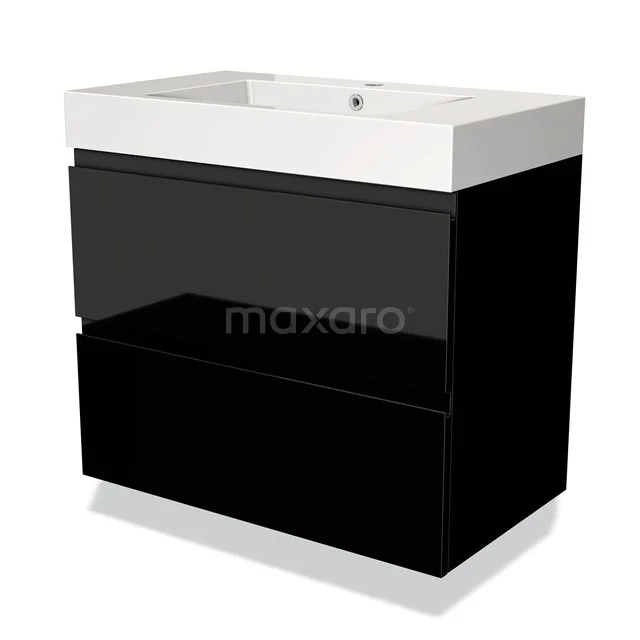Zwart-wit badkamermeubel met hoogglans zwarte lades, keramische wastafel en minimalistisch design.