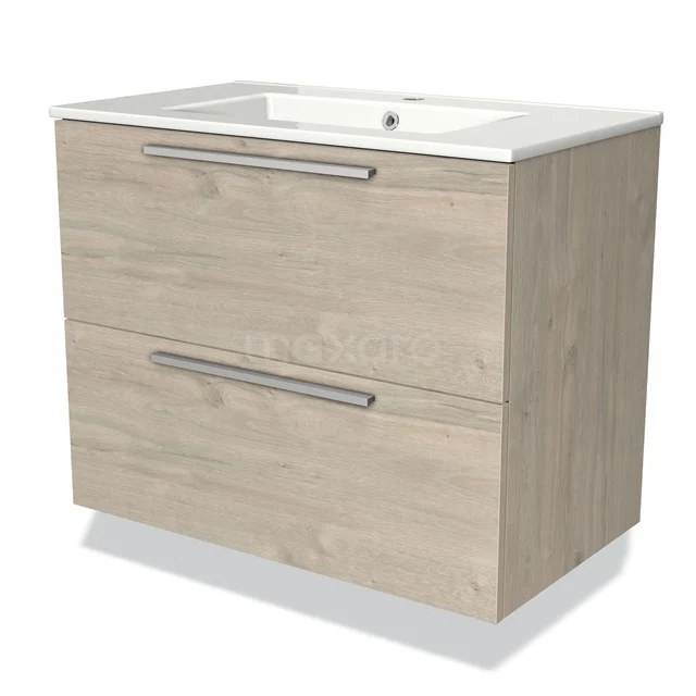 Houten badkamermeubel met twee lades en een witte keramische wastafel, modern design uit de natuurhouten serie.