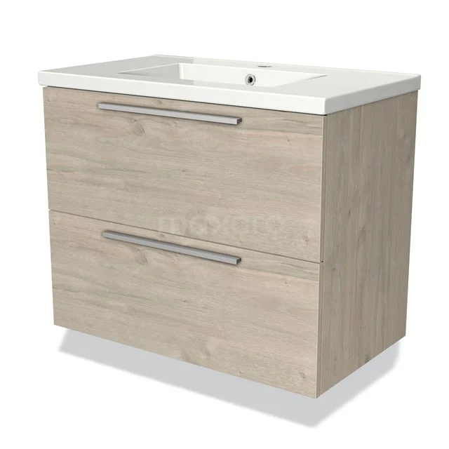 Wooden bathroom unit with 2 wide drawers and built-in white basin, ideal for stylish and practical bathroom storage.