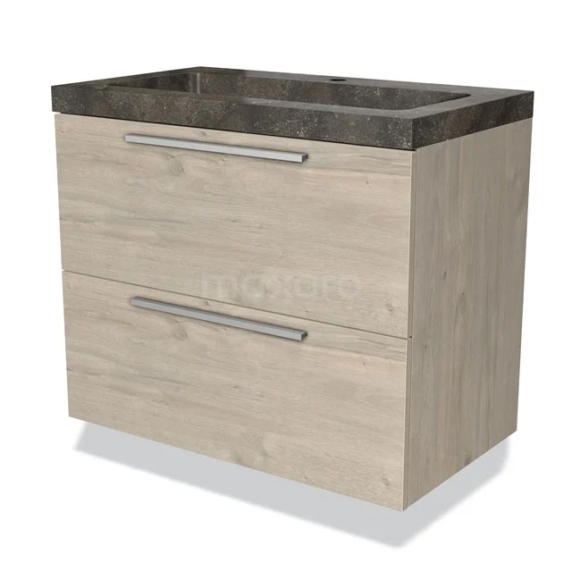 Houten badkamermeubel met 2 lades, grijze steenlook wastafel, modern ontwerp. Perfect voor een stijlvolle badkamerinrichting.