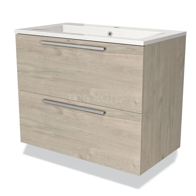 Houten badkamermeubel met dubbele lades en witte wastafel, modern design en strakke handgrepen.