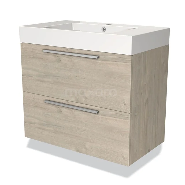 Houten badkamermeubel met lade-indeling en witte wasbak, modern ontwerp in licht eikenhoutlook.