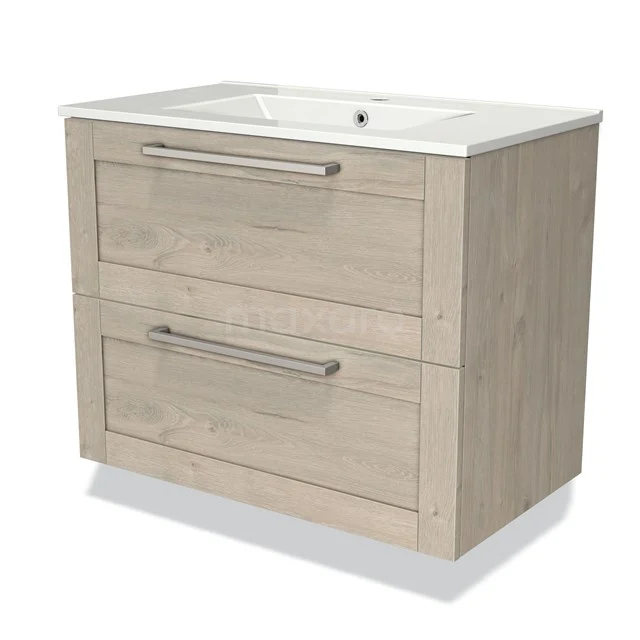 Houten badkamermeubel met twee lades en een witte keramische wastafel, modern design en stevige metalen handgrepen.