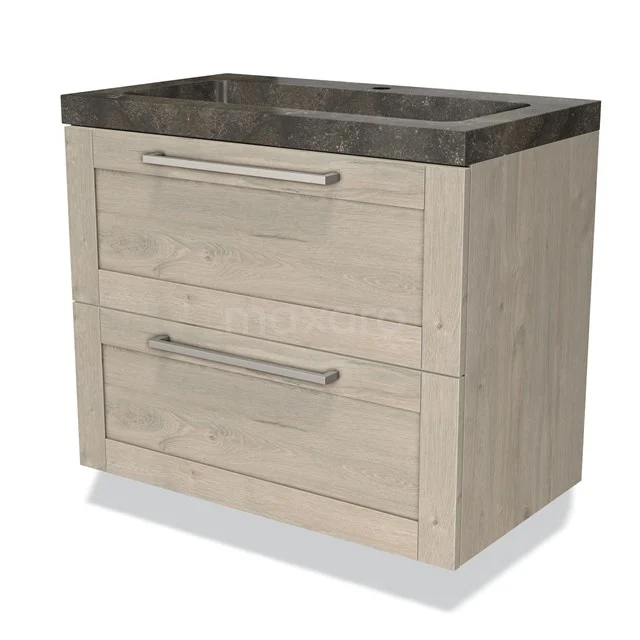 Wooden bathroom unit with two drawers, ceramic basin and concrete-look top, ideal for a modern bathroom style.