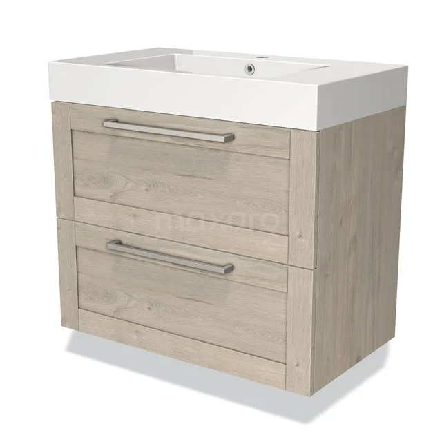 Houten badkamermeubel met twee laden en witte wastafel, modern design en compact formaat, ideaal voor elke badkamerinrichting.