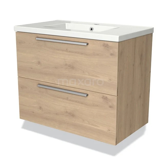 Wooden bathroom unit with two drawers, light oak finish and white ceramic basin; stylish and practical design.