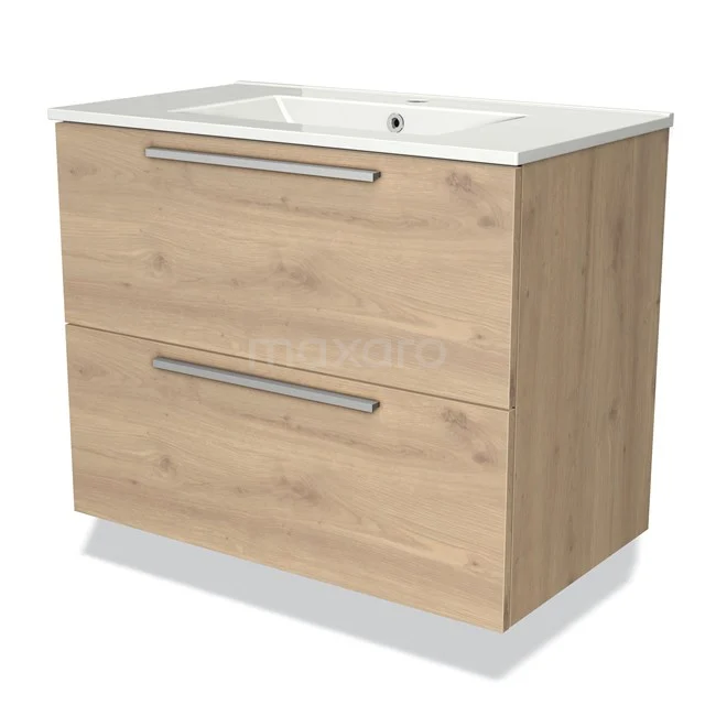 Holz Badezimmermöbel mit Waschbecken, helle Eiche Oberflächen, 2 geräumige Schubladen und metallene Haltegriffe, modernes und stilvolles Design.