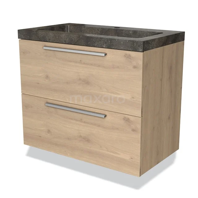 Badmöbel 80cm Modulo Hellbraune Eiche 2 Schubladen Flaches Waschbecken Naturstein Blaustein BMW17-00369 Holz-Badezimmermöbel mit Schubladensystem, heller Eichenoberfläche und Dunkelgrau Stein Waschbeckenplatte, modernes und kompaktes Design.