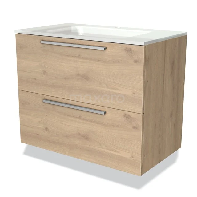 Badkamermeubel 80cm Modulo Lichtbruin Eiken 2 lades Vlak Wastafel Glas BMW17-00370