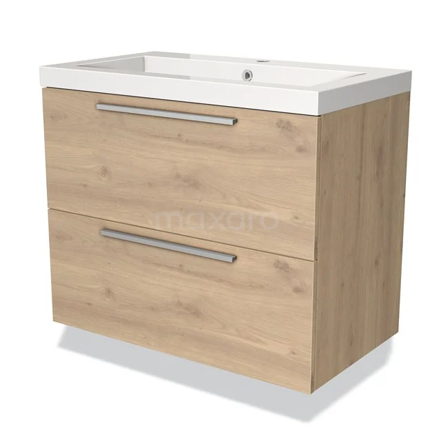 Wooden bathroom unit with two drawers, white Basin worktop and Stainless steel handles, contemporary design for modern bathrooms.