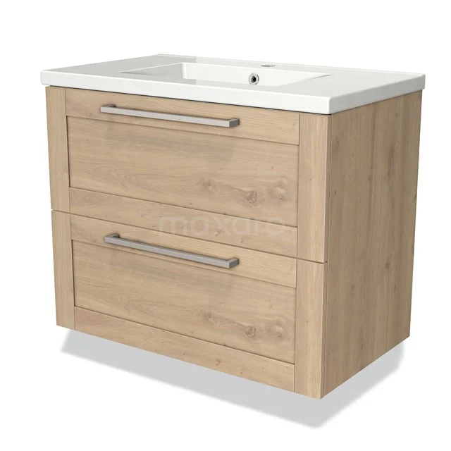 Modulo Bathroom furniture with sink | 80 cm Light brown oak Frame front Ceramic 2 Stacked drawers BMW17-00377 Wooden bathroom unit with light oak finish, two drawers and a white sink, perfect for any modern bathroom.