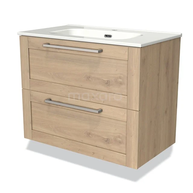 Houten badkamermeubel met twee lades, eikenlook, geïntegreerde witte wastafel en metalen grepen.