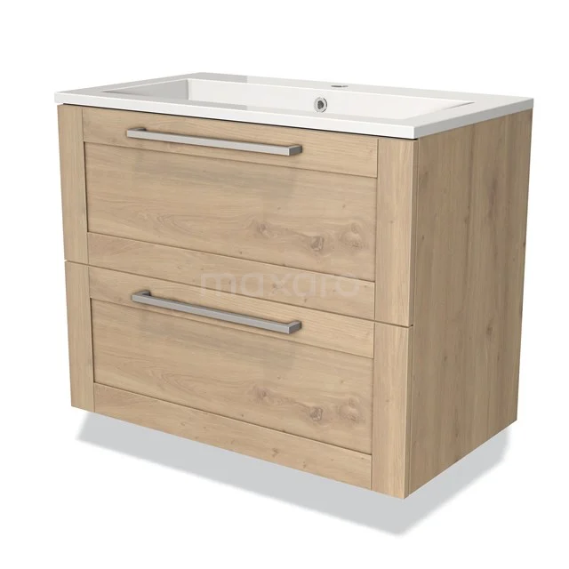 Houten badkamermeubel met twee lades, metalen handgrepen en een witte keramische wastafel, perfect voor moderne badkamers.