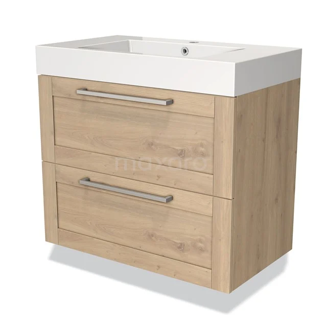 Houten badkamermeubel met twee lades en metalen handgrepen, natuurlook, inclusief witte wastafel, ideaal voor moderne badkamers.