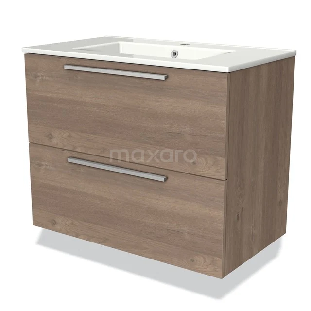 Houten badkamermeubel met twee lades, witte keramische wasbak en metalen handgrepen, ideaal voor moderne badkamers.
