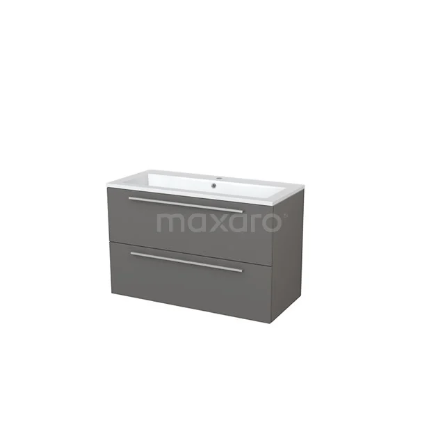 Grey vanity unit with double drawers, modern finish, ideal for a stylish bathroom design.