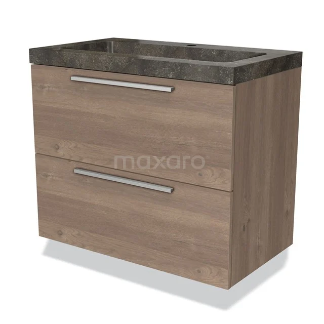 Wooden bathroom unit with two drawers and a dark marble basin worktop, ideal for modern bathroom spaces.