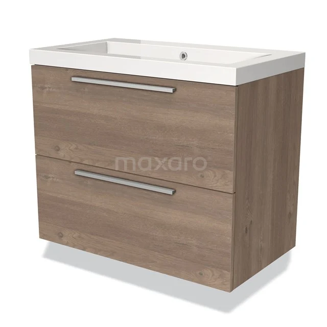 Wooden bathroom unit with two drawers, metal handles and a white vanity units with basin, ideal for modern bathroom design.