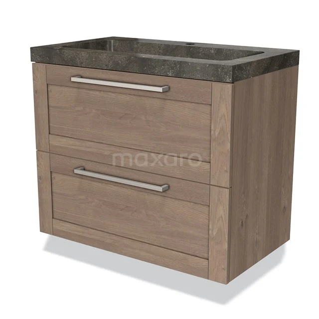 Houten badkamermeubel met twee lades, grijs stenen wastafelblad en zilverkleurige grepen. Tijdloos ontwerp voor moderne badkamers.