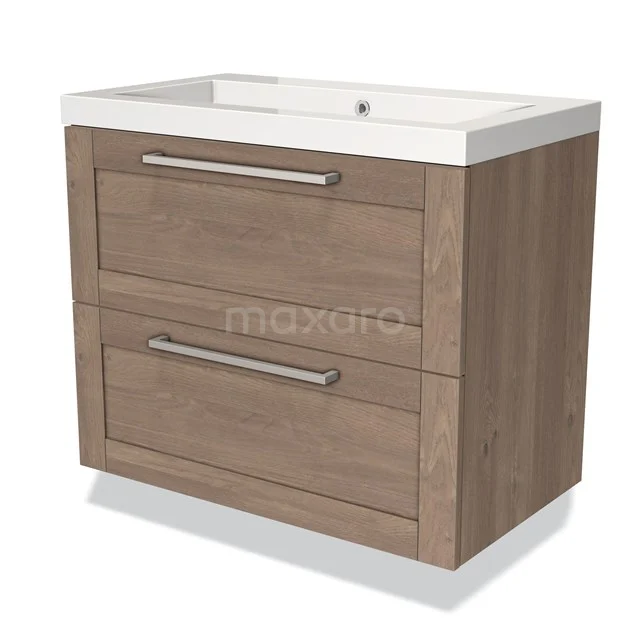 Houten badkamermeubel met wastafel, twee lades en moderne handgrepen, perfect voor een natuurlijke badkamerstijl.