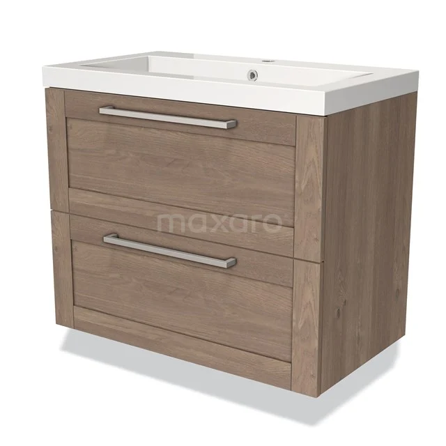 Houten wastafelmeubel met lades en geïntegreerde witte wastafel, ideaal voor een moderne badkamerstijl.