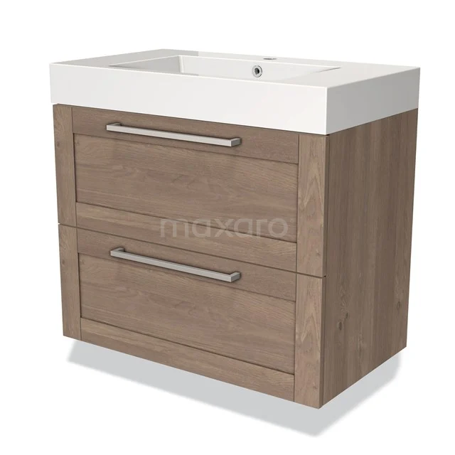Houten badkamermeubel met 2 lades, eiken look, modern design en geïntegreerde witte wastafel.