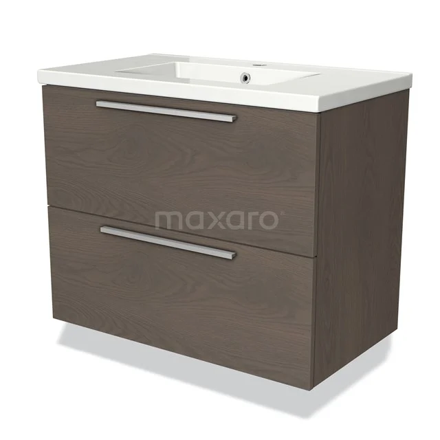 Modulo Bathroom furniture with sink | 80 cm Dark brown oak Flat front Ceramic 2 Stacked drawers BMW17-00413 Modern wood-look bathroom unit with two drawers and white vanity units with basin, ideal for stylish storage space in the bathroom.