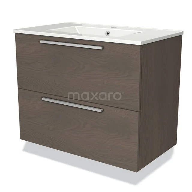 Bruine houten badkamermeubel met twee lades en witte keramische wastafel, perfect voor moderne badkamers.
