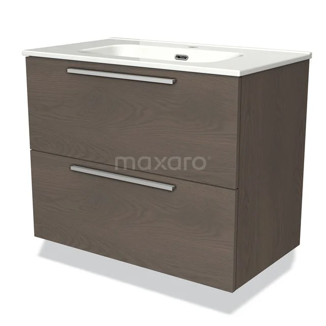 Bruine houten badkamermeubel met twee laden, chromen grepen en geïntegreerde wastafel, modern badkamerdesign.