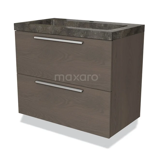 Brown wooden bathroom unit with two drawers, natural stone vanity units with basin and silver handles.