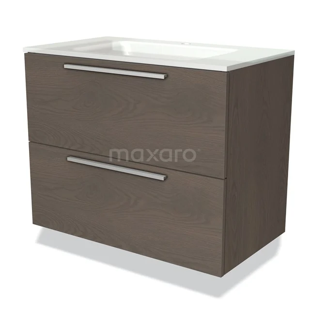 Brown wooden bathroom unit with 2 drawers, metal handles and white ceramic basin, modern design.