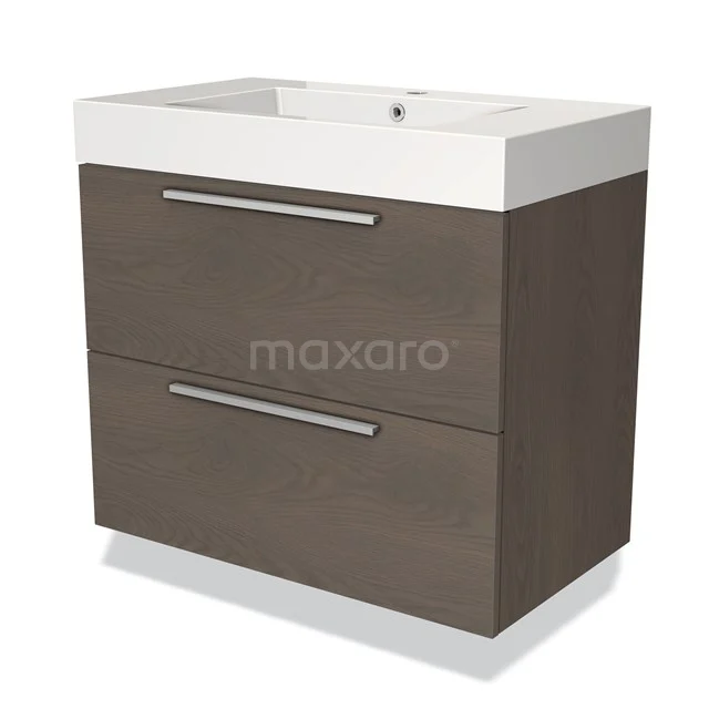 Houten badkamermeubel met twee lades, donkerbruin, wit wastafelblad, moderne uitstraling, ideaal voor compacte badkamers.