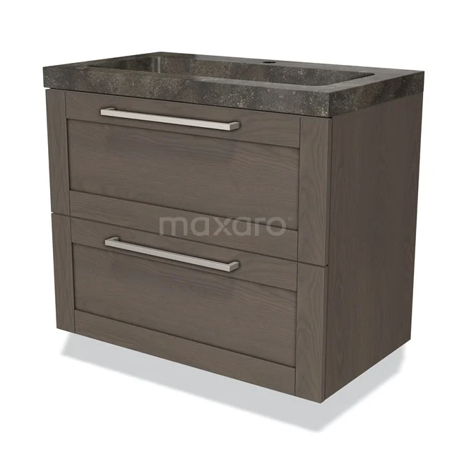 Brown wooden bathroom unit with two drawers and a natural stone sink, stylish design and Stainless steel handles.