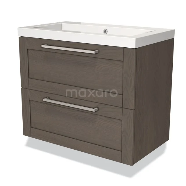 Wooden bathroom unit with two drawers, dark brown finish, including white sink and modern handles.