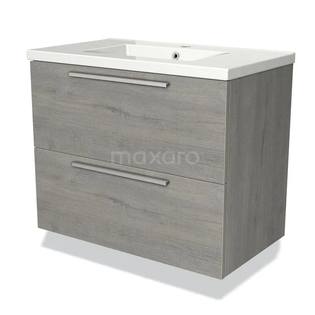 Grey wooden basin base cabinet with two drawers and white ceramic sink, perfect for a modern bathroom.